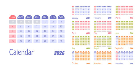 2026 calendar grid colorful monthly planners featuring clean minimalist layout with full-year overview,
