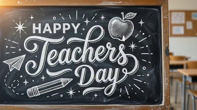 Happy Teachers Day Chalkboard Art with Apple and Pencil