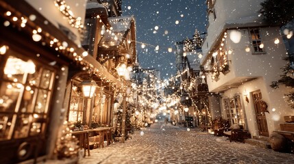 Enchanting Winter Street Decorated with Lights and Snowflakes