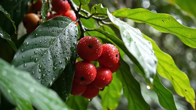 Close up of ripe red coffee cherries on a branch with green leaves.