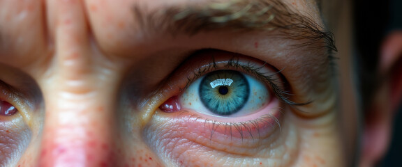 close up caucasian male intense eyes, clear blue irises with close gaze, undereye bags and reddened skin, navigator role scanning route on expedition, determined focused expression, candid rugged