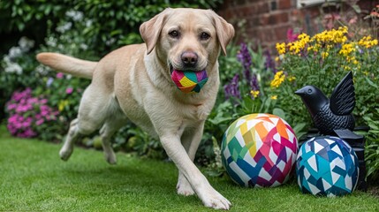 Playful Labrador Retriever in Colorful Garden with Decorative Balls