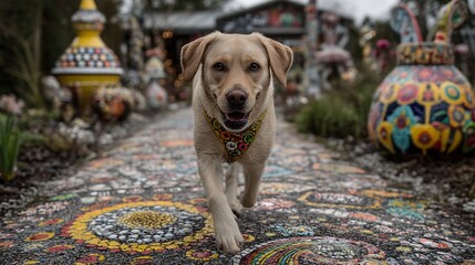 Playful Labrador Retriever Walking Through Colorful Garden Pathway