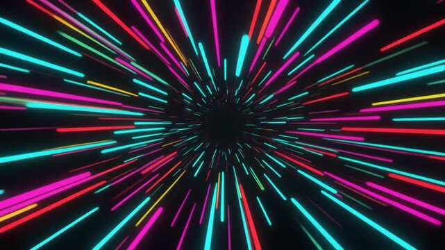 Colorful neon hyperspeed tunnel with multicolor streaks.