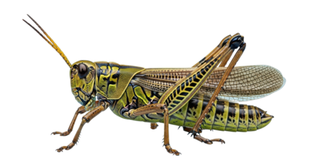 Detailed Profile Photo of Green and Yellow Grasshopper Isolated on Clean White Background