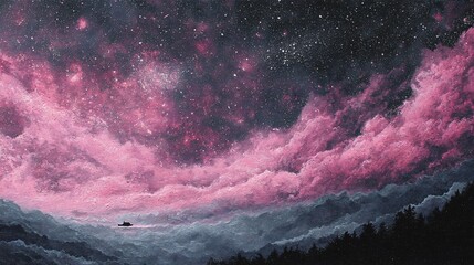 Ethereal Cosmic Landscape with Boat and Starry Sky at Night