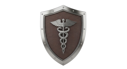Metallic Silver Caduceus Symbol on Brown Shield Isolated on White Background
