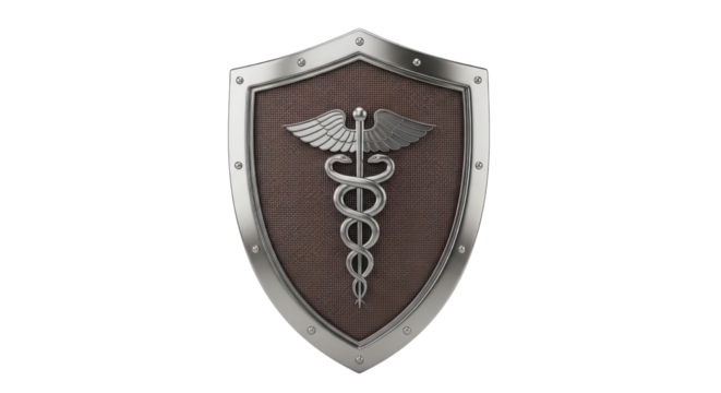 Metallic Silver Caduceus Symbol on Brown Shield Isolated on White Background