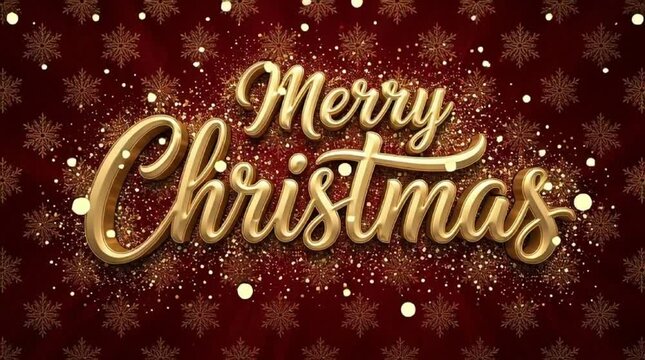 Merry Christmas in golden letters on a red background with snowflakes