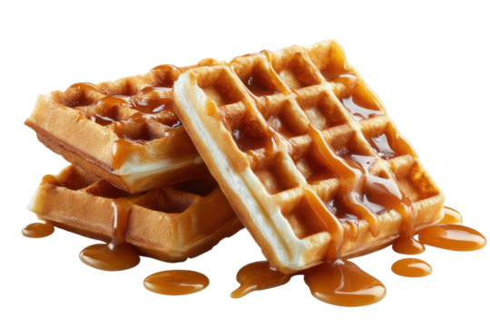 Stack of golden brown waffles with dripping caramel sauce on black sweet, Isolated On White Background, Png Transparent