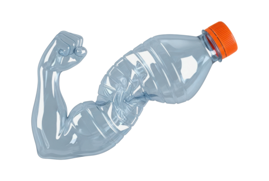 Clear Plastic Sports Drink Bottle Shaped Like Flexed Bicep Muscle with Orange Cap Isolated on White