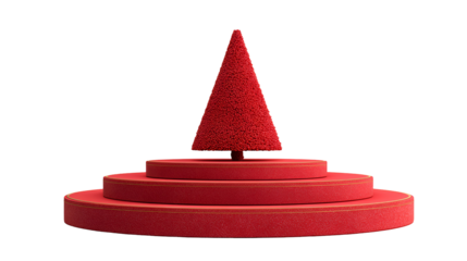 Red geometric cone on circular pedestal isolated on transparent background