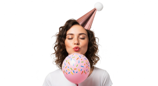 Young woman wearing a party hat blowing a kiss holding a pink balloon isolated on transparent background