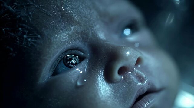 Cybernetic Newborn Baby with Robotic Eyes Awakening in a Dark Lab Extreme Closeup