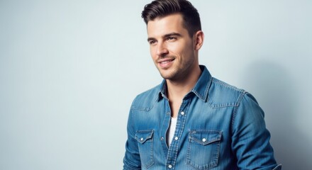Obraz premium Portrait of a Confident Young Man in Casual Denim Shirt with Smiling