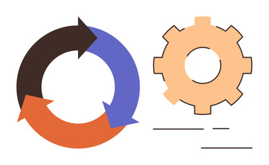 Three arrows forming a loop and a gear icon representing process cycles, collaboration, improvement. Ideal for workflow, strategy, project management, innovation, efficiency, teamwork simple flat