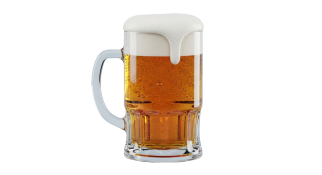 Overflowing Glass Beer Mug with White Foam Head Isolated on White Background