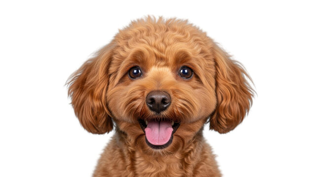 Happy smiling Apricot Toy Poodle or Doodle Puppy headshot isolated on white background