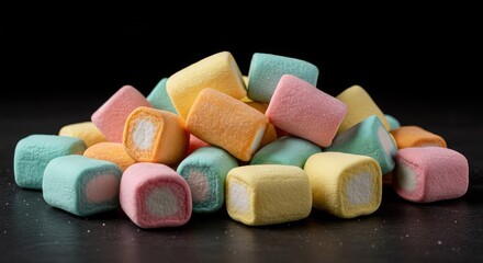 A vibrant pile of fruit-flavored marshmallows, soft and chewy candies in assorted colors, perfect for a sweet treat or snack ,food ,fruit ,assorted
