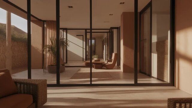 Modern luxury lounge with floor-to-ceiling glass overlooking patio.