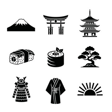 Japanese Culture Icons Set &ndash; Japan Symbols Silhouette Vector: Mt. Fuji, Torii Gate, Sushi, Kimono, Samurai, Bonsai