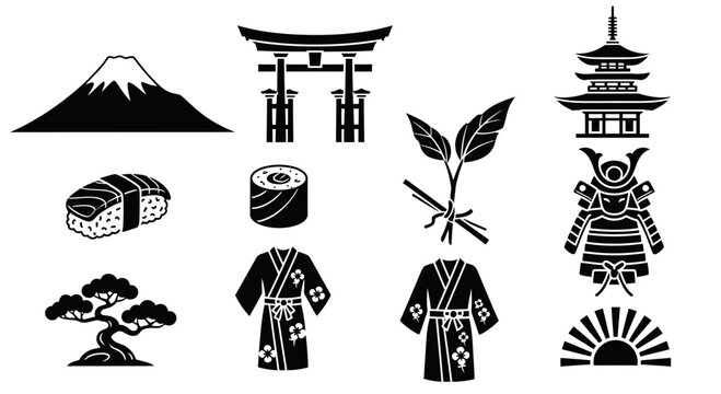 Japanese Culture Icons Set &ndash; Japan Symbols Silhouette Vector: Mt. Fuji, Torii Gate, Sushi, Kimono, Samurai, Bonsai