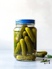 A glass jar filled with dill pickles submerged in brine, sealed with a blue lid, sitting on a white surface with scattered dill sprigs and peppercorns.