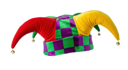 Colorful Jester Hat with Bells and Checkerboard Pattern Isolated on White Background