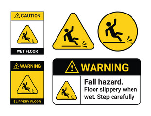 Wet Floor and Slippery Floor Warning Signs Set Caution Fall Hazard Symbol Safety Icon Collection