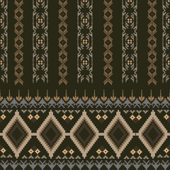 Brown and black cross-stitch ethnic seamless pattern in the style of the embroidery. Chavon's pixel seamless pattern. Design for textiles, rugs, tiles, and elaborate borders.