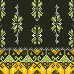 Yellow and black cross-stitch ethnic seamless pattern in the style of the embroidery. Pixel seamless pattern. Design for textiles, rugs, tiles, and elaborate borders.