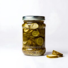A glass jar filled with sliced pickled cucumbers in brine with spices, isolated on a clean white background.