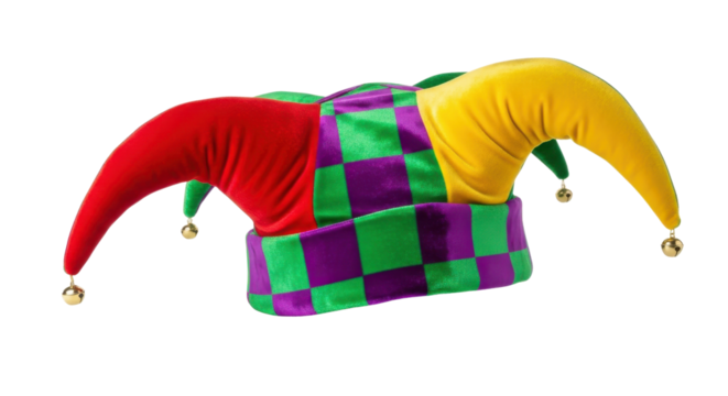 Colorful Jester Hat with Bells and Checkerboard Pattern Isolated on White Background
