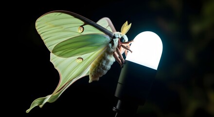 Luna moth clinging to a glowing lightbulb