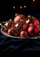 Elegant red and gold Christmas ornaments with intricate patterns displayed on a silver platter over a rich blue velvet cloth.