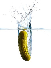 A whole green pickled cucumber drops into clear water, creating a dynamic splash against a white background.