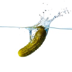 A dill pickle plunges into water, creating a dynamic splash against a clean white background.