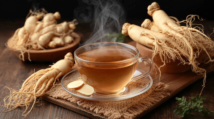 Traditional ginseng drink with roots warm natural tea