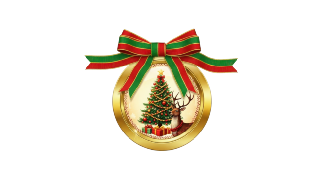 Isolated Golden Christmas Ornament Badge with Red and Green Ribbon Bow and Holiday Scene