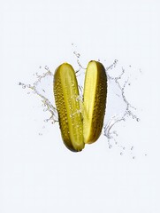 A sliced pickle suspended in mid-air, surrounded by a splash of clear water, showcasing detail.