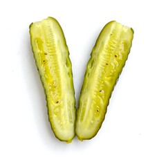 Two halves of a fresh, green pickle cut lengthwise, showcasing its internal structure against a white background.