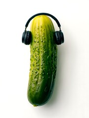 A green cucumber wears black headphones against a white background, creating a humorous and surreal image.