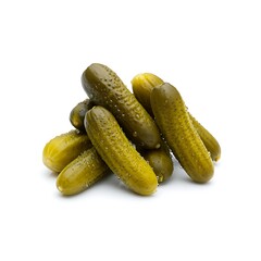A pile of dill pickles, showing their textured skin and green color, isolated on a white background.