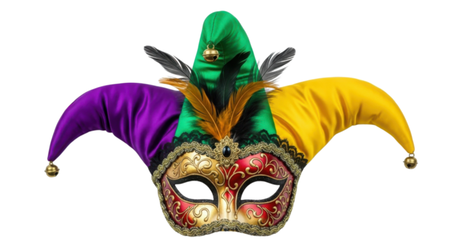 Luxurious Jester Mask in Purple, Green, and Yellow with Feathers, Isolated on White Background