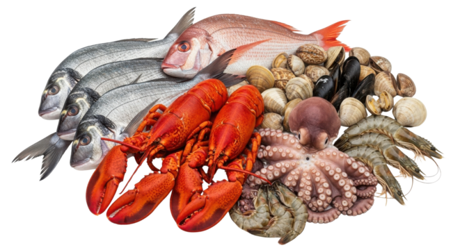 Fresh raw seafood platter collection with lobster, fish, octopus, and various shellfish isolated on white background