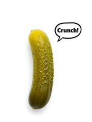 A whole green pickle with a 'Crunch!' speech bubble isolated on a white background.