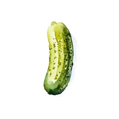 An artistic watercolor illustration of a single green gherkin isolated on a white background.