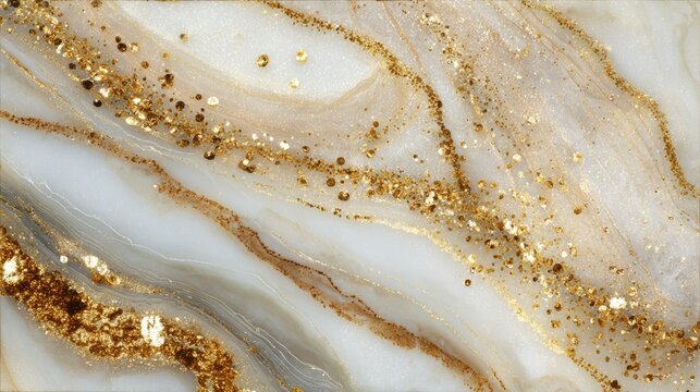 White marble surface with swirling gold glitter and metallic veins abstract texture