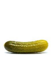 A single whole green pickled cucumber, also known as a gherkin, isolated on a clean white background.