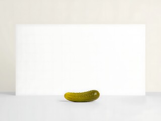 A single green gherkin resting on a white surface with a minimalist, clean white background.